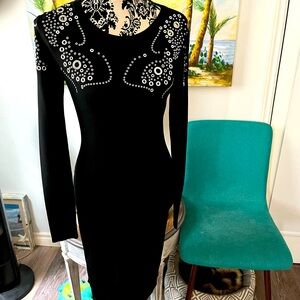 MICHAEL KORS  Ribbed Stretch Black Dress with beading  Size Small